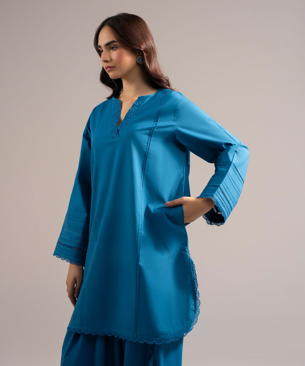 Women's RTW Poplin Solid Dark Blue Straight Shirt