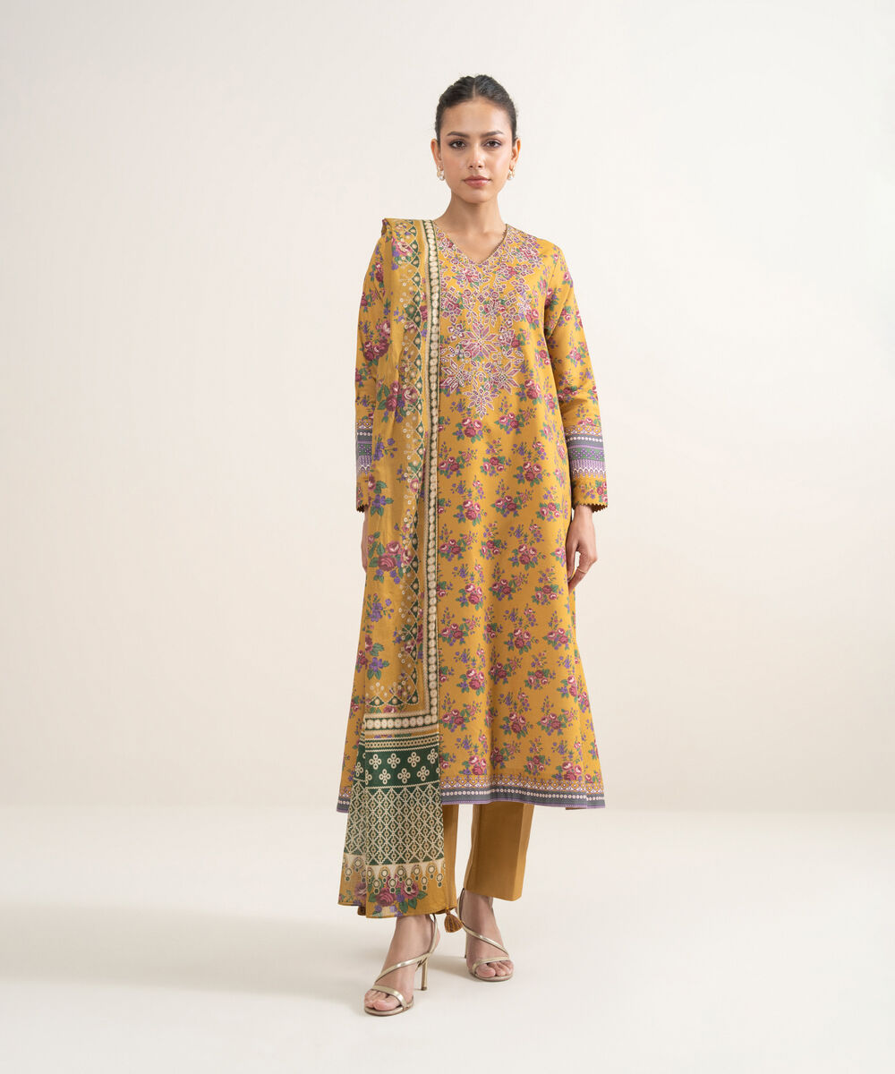 Women's Unstitched Lawn Embroidered Mustard 3 Piece Suit