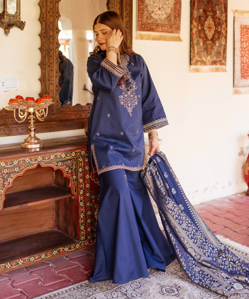 Women's Unstitched Dobby Embroidered Blue 3 Piece Suit