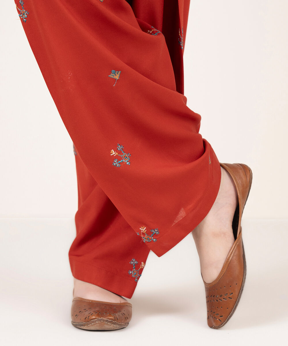 Women's RTW Khaddar Embroidered Red Shalwar