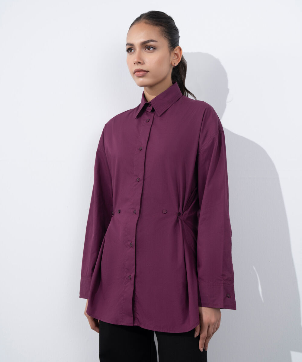 Women's Western Wear Purple Cinched Waist Button Through Shirt