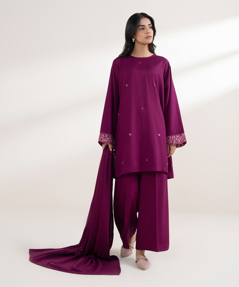 Women's RTW Arabic Khaddar Embroidered Magenta Straight Shirt