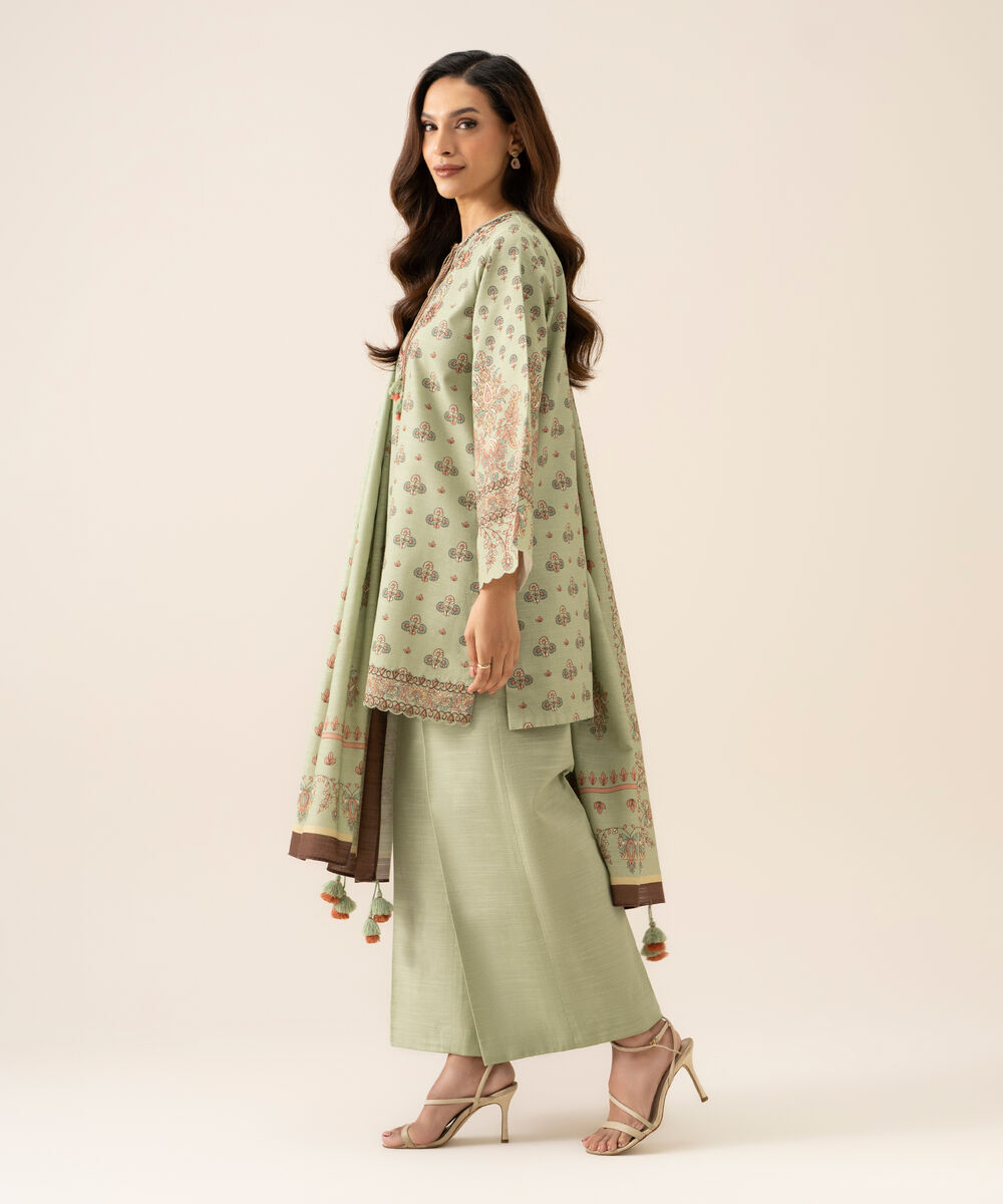 Women's Unstitched Premium Khaddar Embroidered Light Mint Green 3 Piece Suit