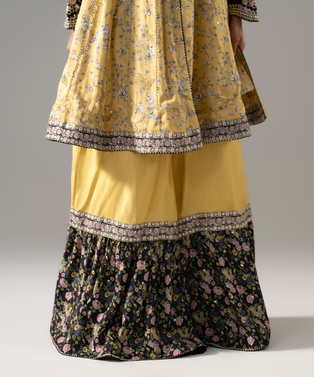 Women's RTW Bright Raw Silk Printed Yellow 2 Piece Suit