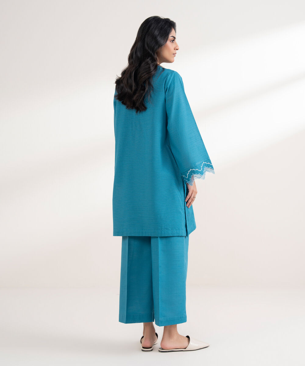 Women's RTW Zari Khaddar Embroidered Blue Straight Shirt