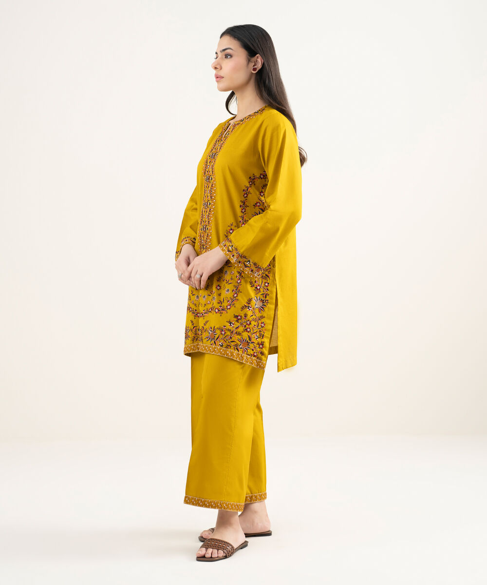 Women's RTW Dobby Embroidered Mustard Straight Shirt