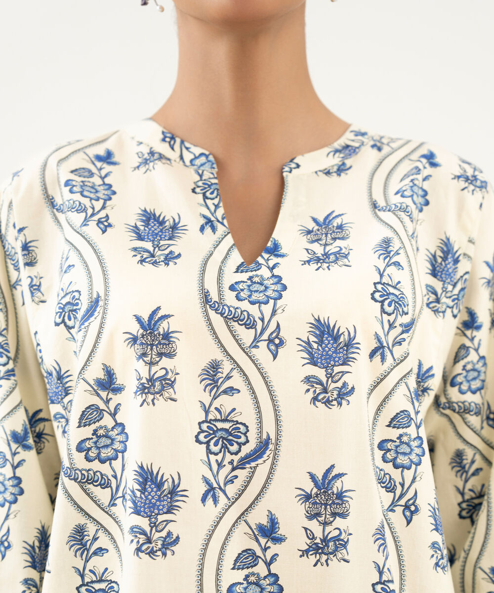 Women's RTW Cambric Printed Off White Straight Shirt