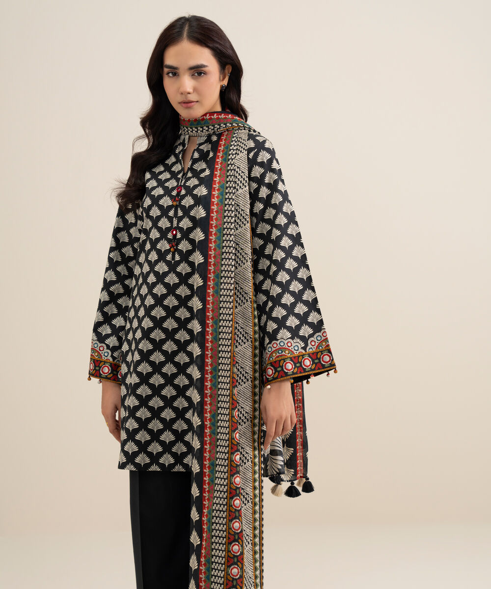 Women's Unstitched Lawn Printed Black and Off White 3 Piece Suit