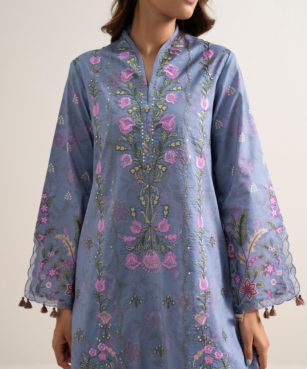 Women's Unstitched Lawn Embroidered Blue 3 Piece Suit