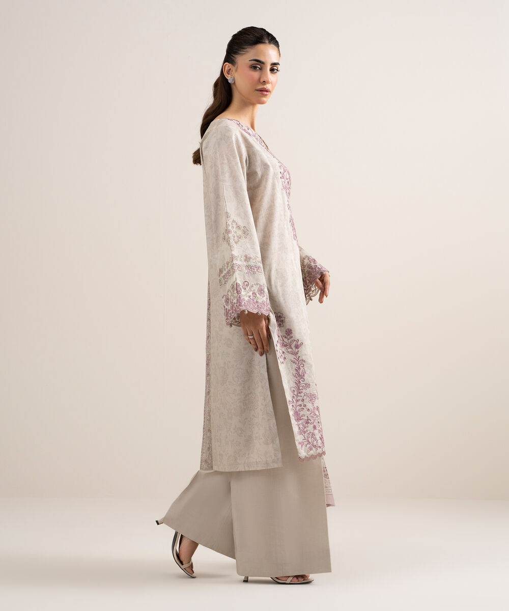 Women's Unstitched Lawn Embroidered Beige 3 Piece Suit