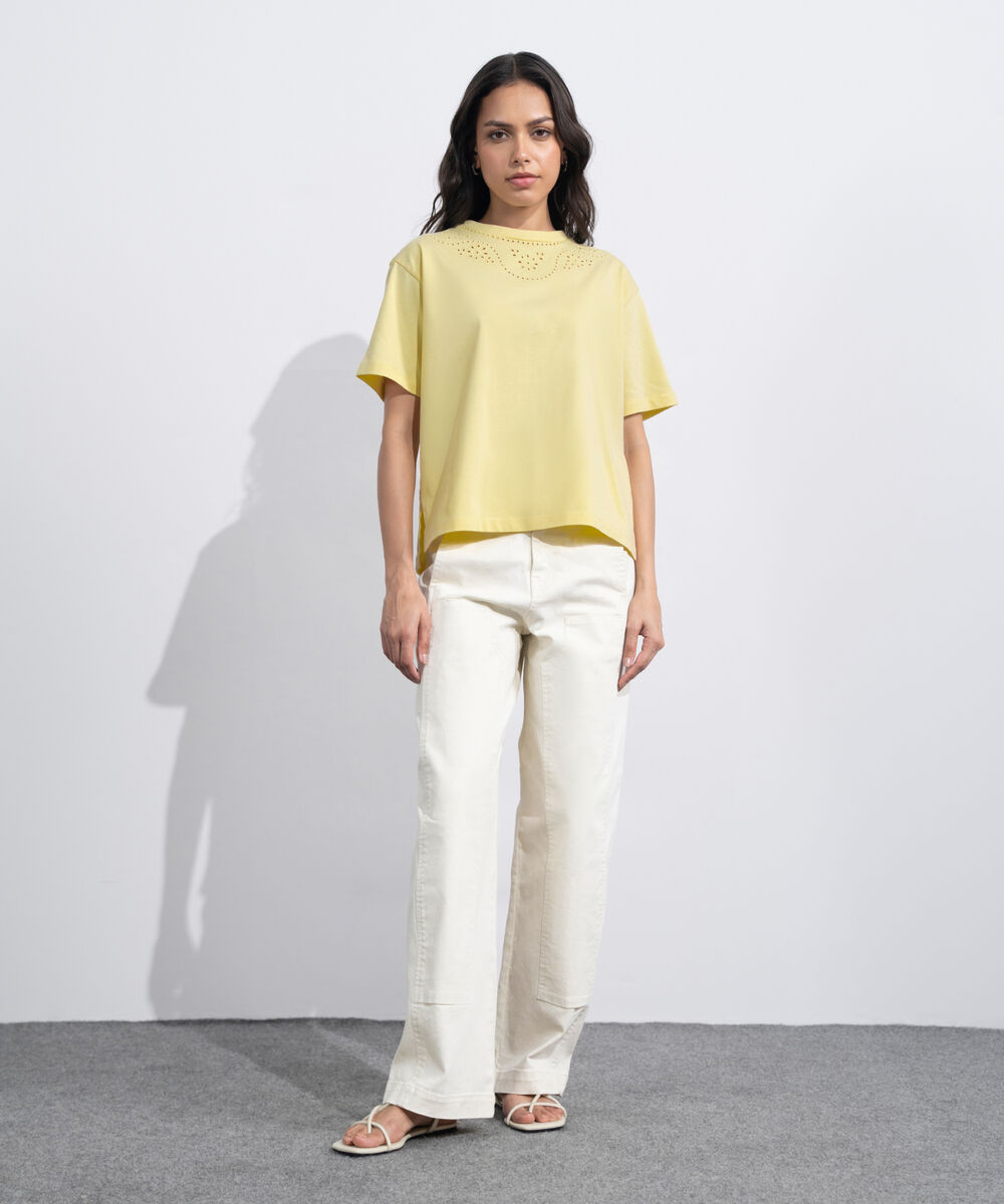 Women's Western Butter yellow Broiderie Anglaise T-Shirt