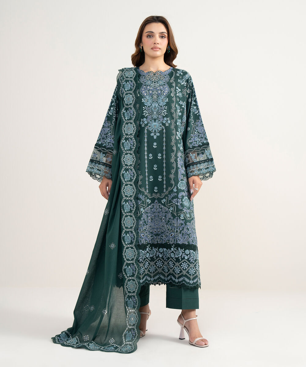 Women's Unstitched Lawn Embroidered Green 3 Piece Suit