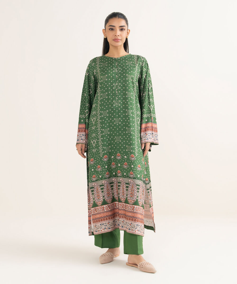 Women's RTW Linen Printed Green A-Line Shirt