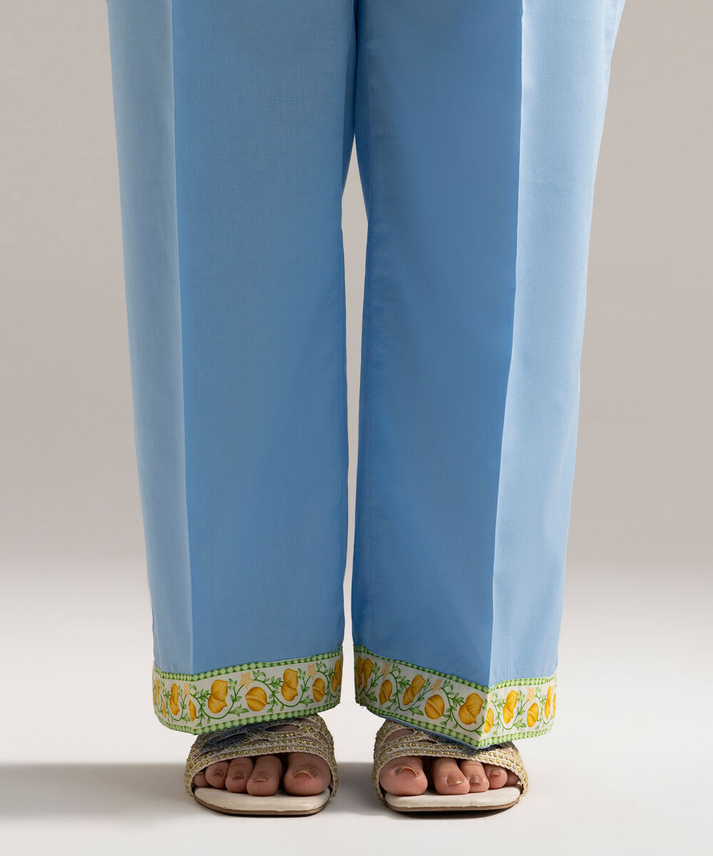 Women's RTW Cambric Solid Blue Straight Pants