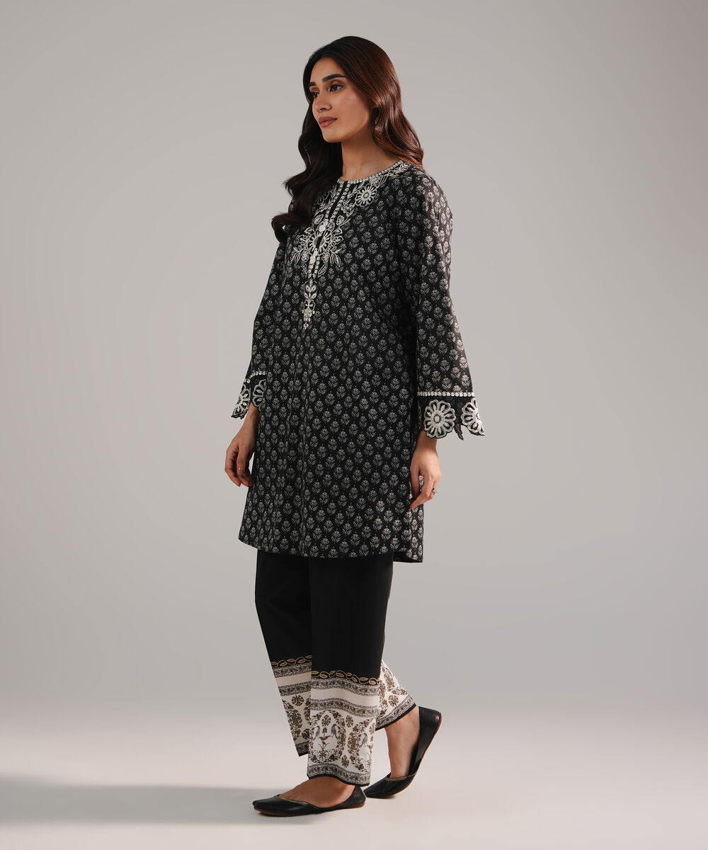 Women's RTW Lawn Embroidered Black Straight Shirt