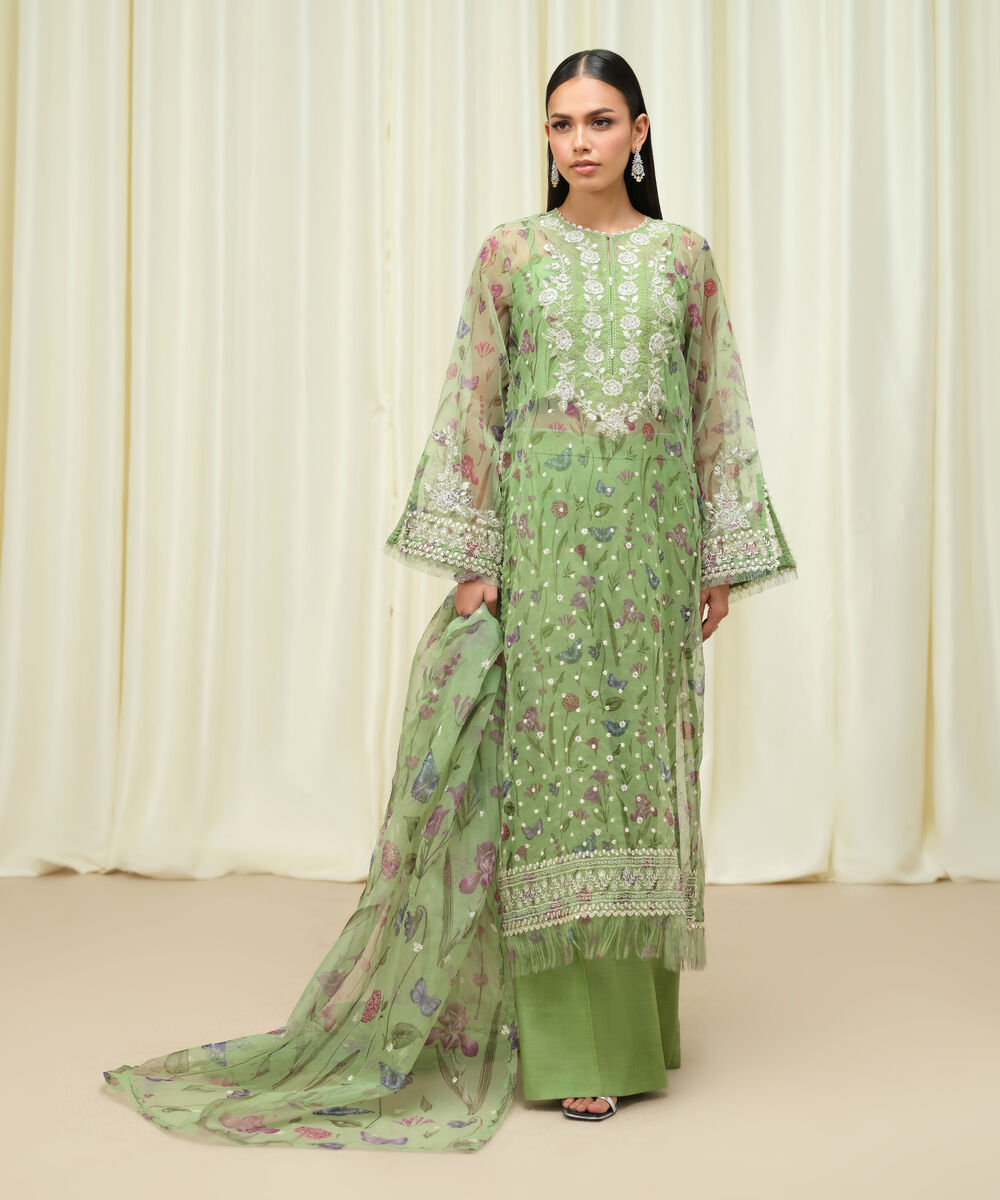 Women's Unstitched Blended Organza Embroidered Green 3 Piece Suit