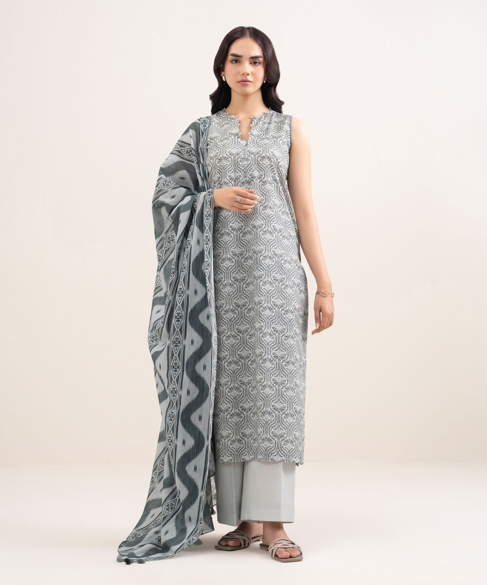Women's Unstitched Lawn Printed Grey 3 Piece Suit