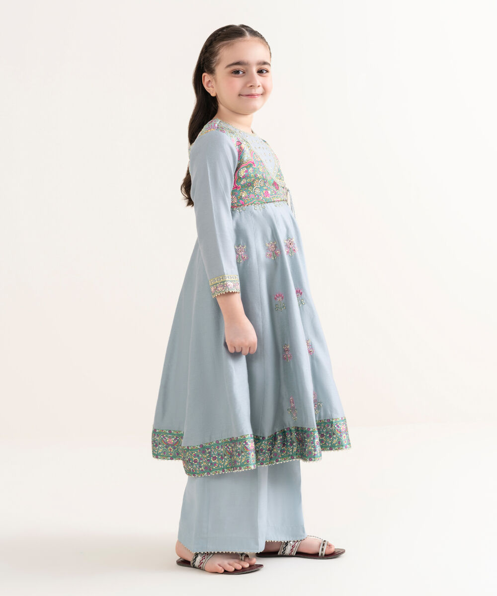 Girl's Silk Cotton Net Blue Embroidered 2 Piece Suit