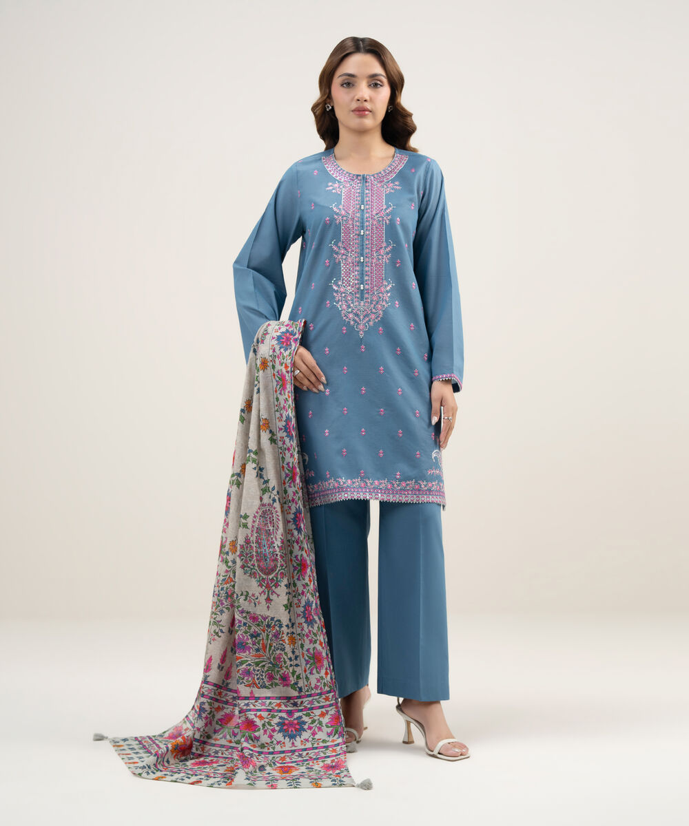Women's RTW Zari Lawn Embroidered Blue Straight Shirt