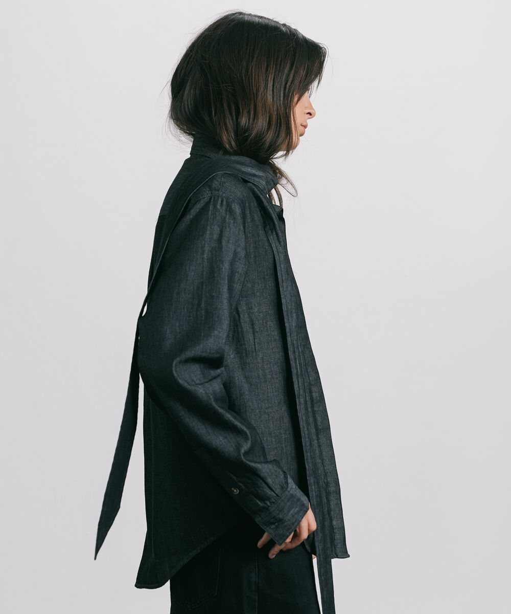 Women's Western Wear Black Denim Shirt With Self-Tie Fastening