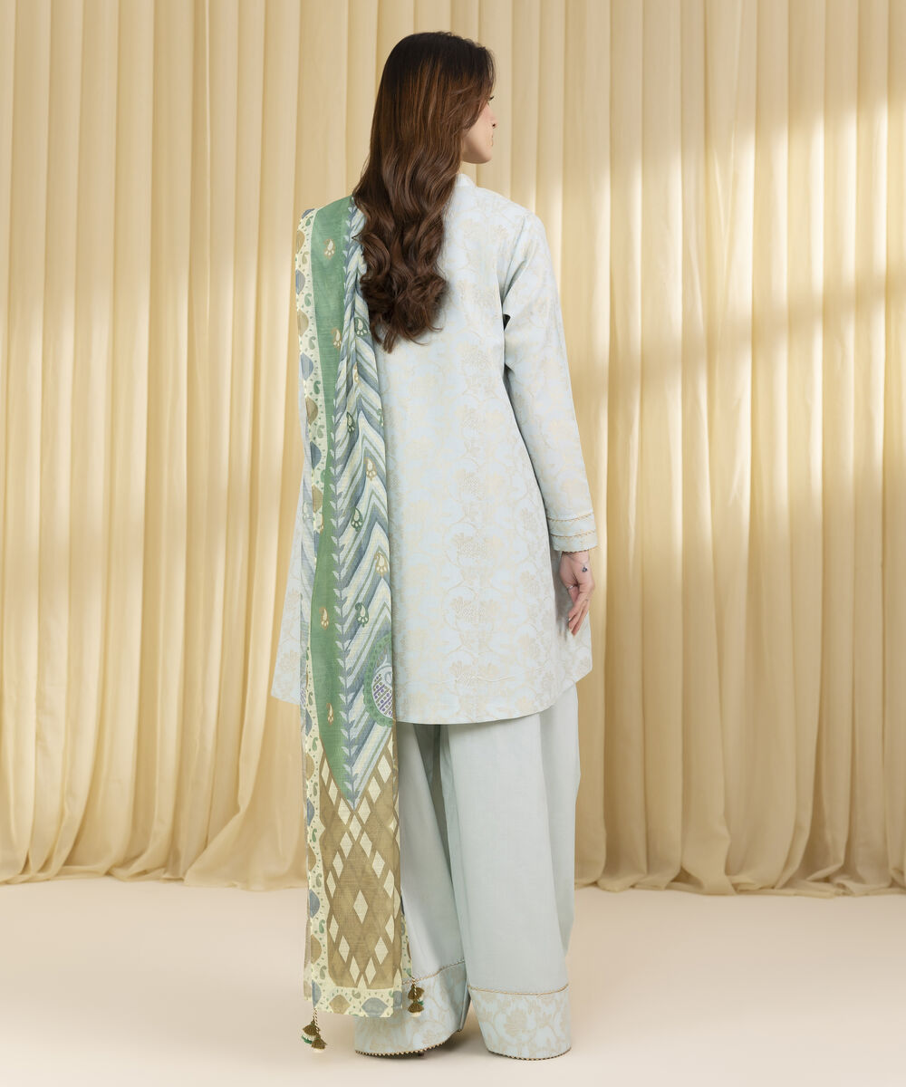 Unstitched Women's Blue Extra Weft Jacquard 3 Piece Suit