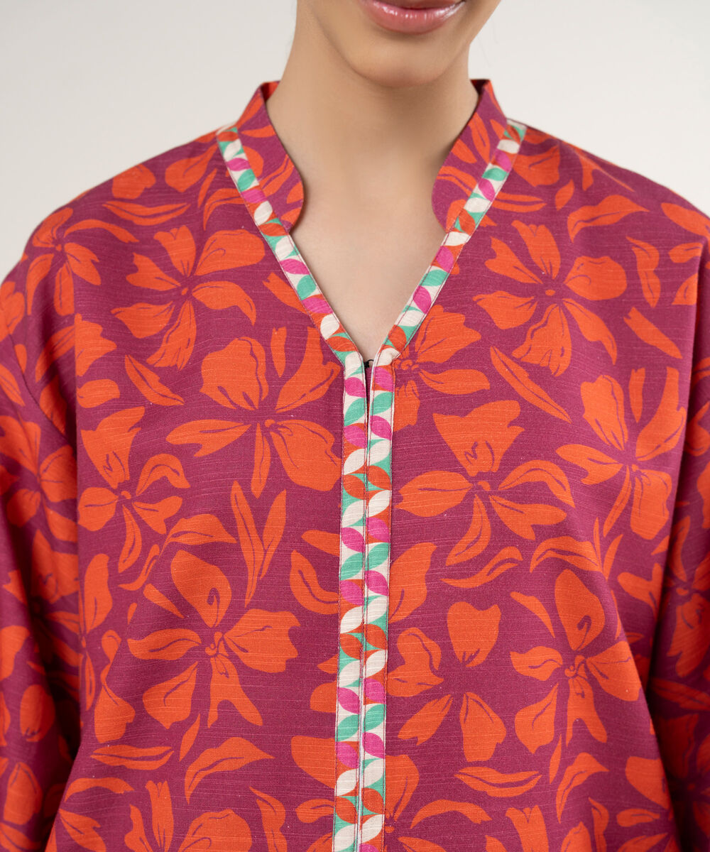 Women's Unstitched Printed Khaddar Hot Pink and Orange 3 Piece Suit