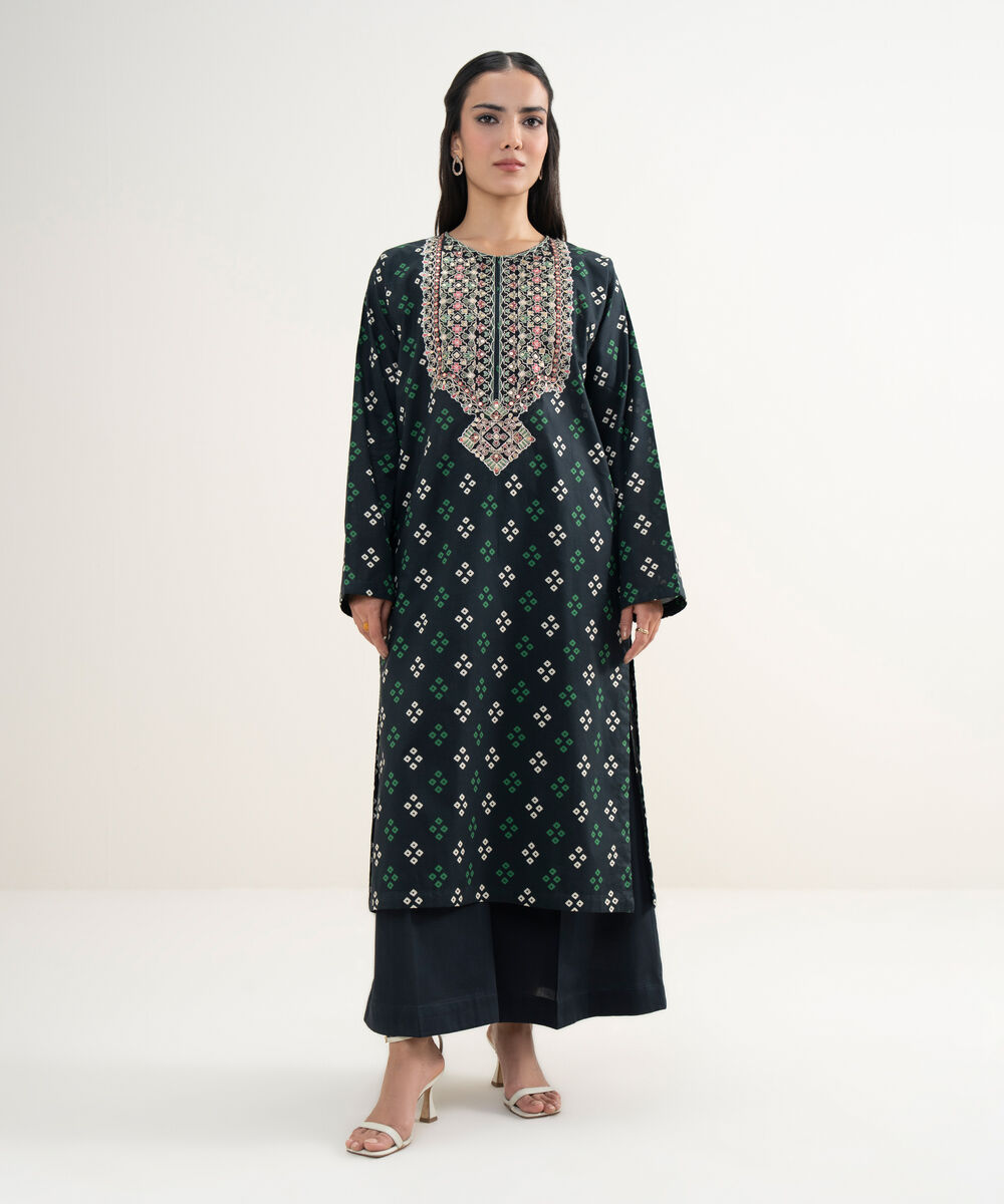 Women's RTW Slub Lawn Embroidered Black Straight Shirt