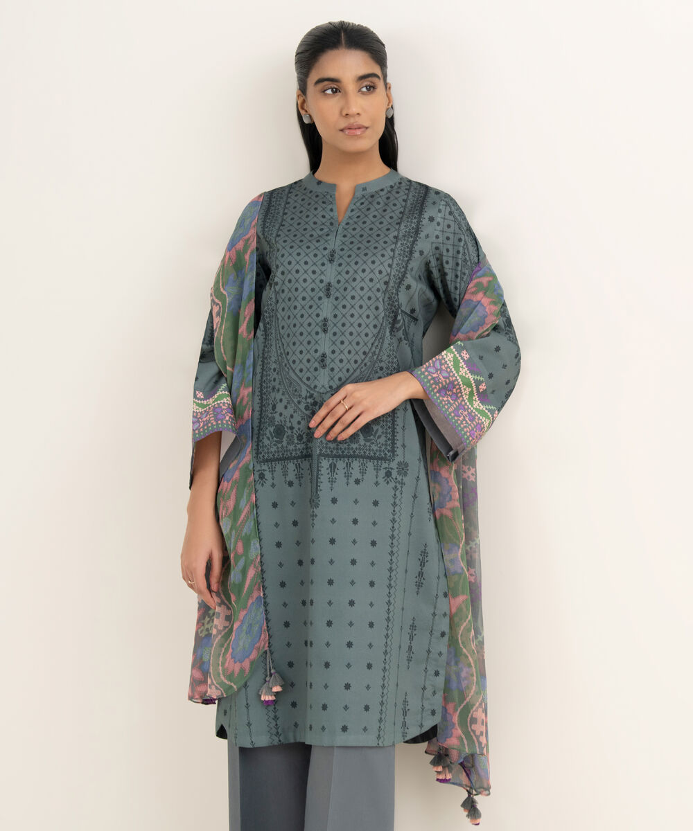 Women's Unstitched Lawn Printed Grey 3 Piece Suit