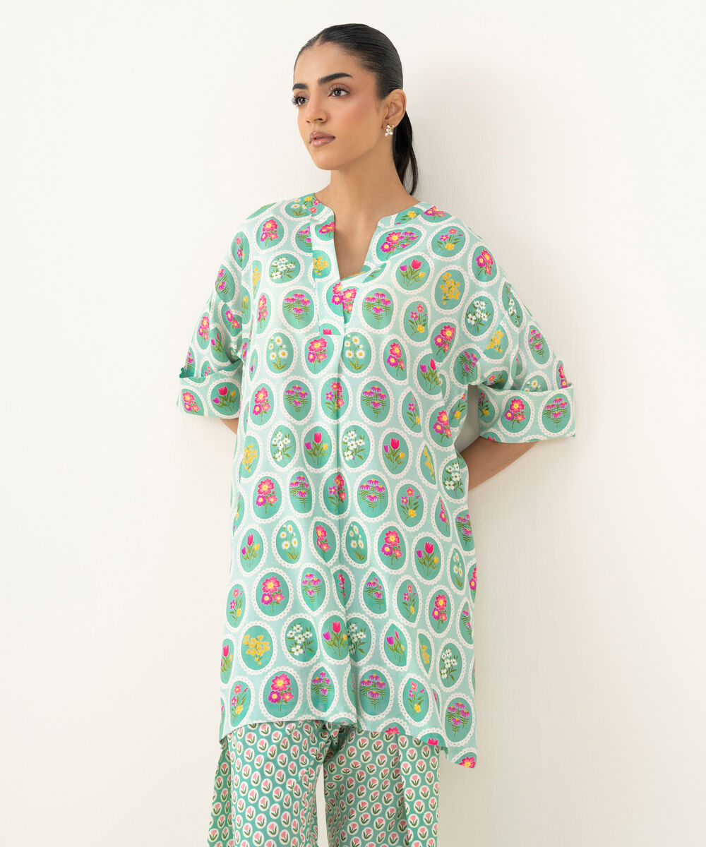 Women's RTW Linen Viscose Printed Turquoise Drop Shoulder Shirt