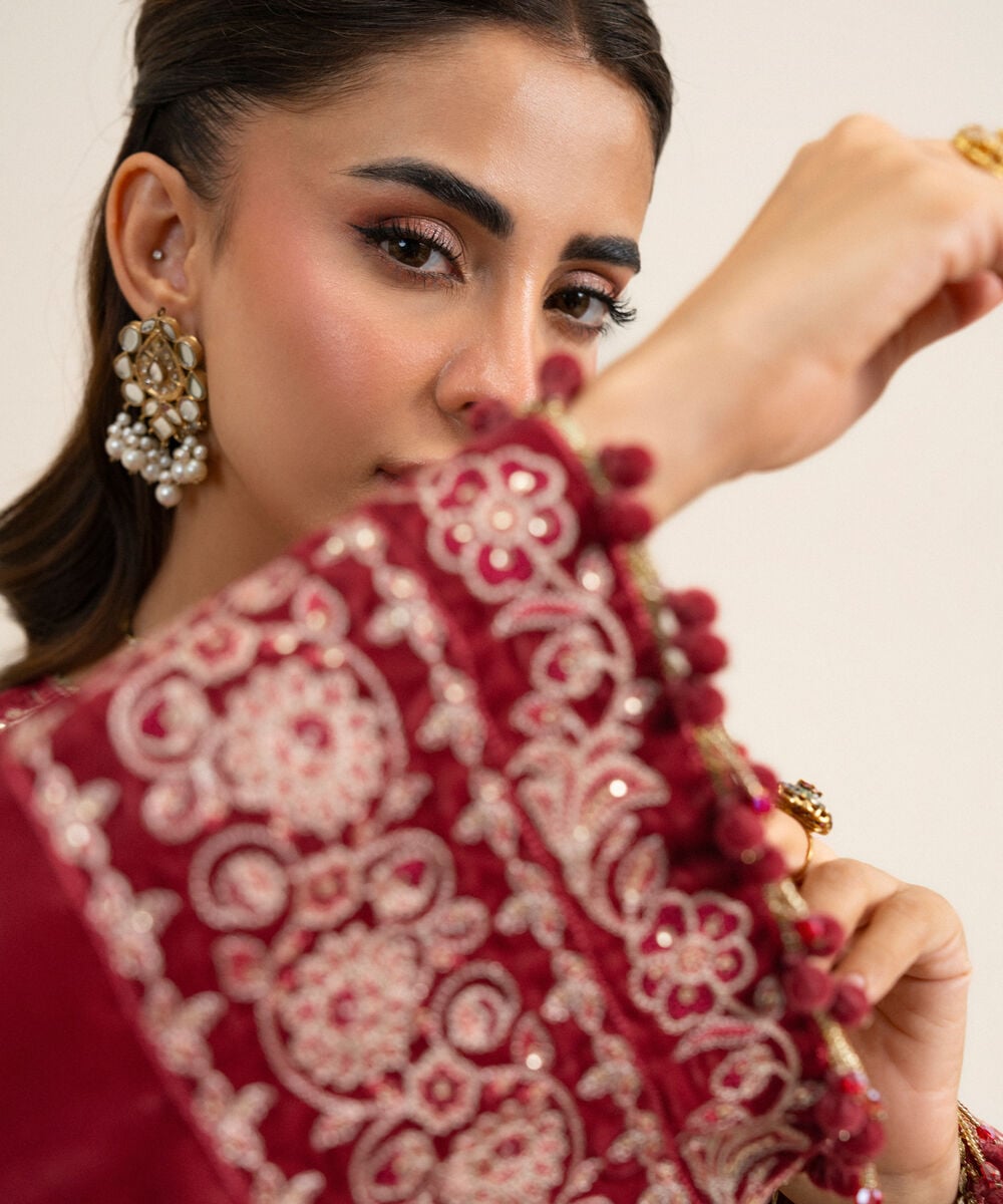 Women's Unstitched Velvet Embroidered Red 3 Piece Suit