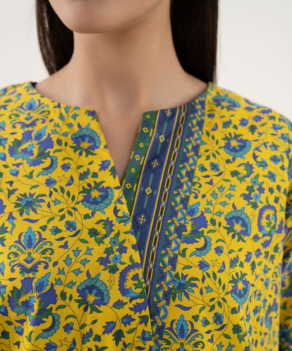 Women's Unstitched Cotton Printed Yellow 2 Piece Suit
