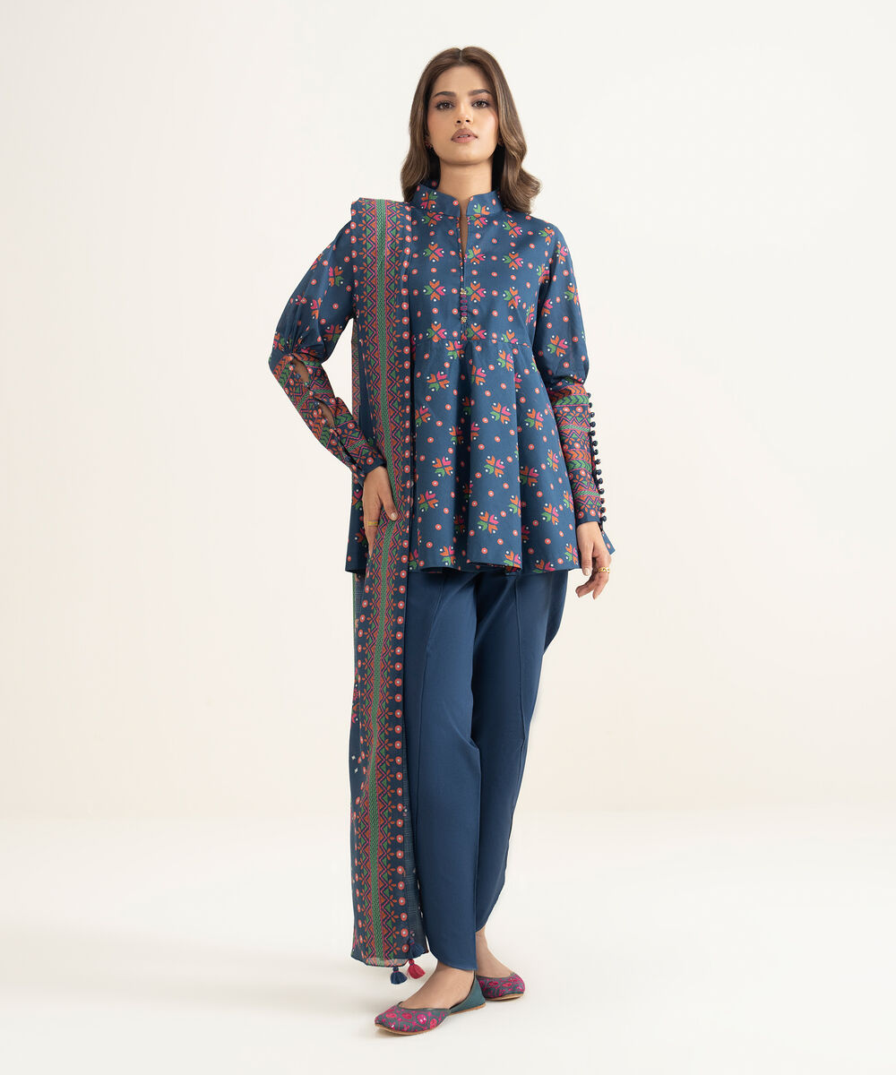 Women's Unstitched Lawn Printed Blue 3 Piece Suit