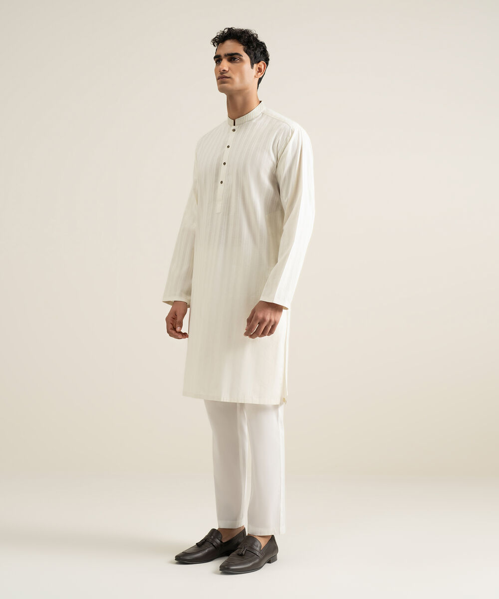 Men's light cream Leno Jacquard Kurta