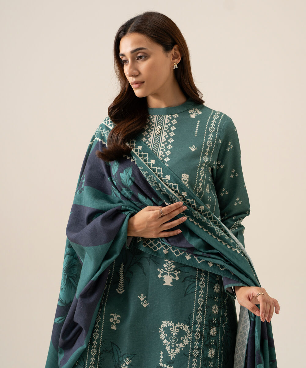 Women's Unstitched Premium Khaddar Printed Green 3 Piece Suit