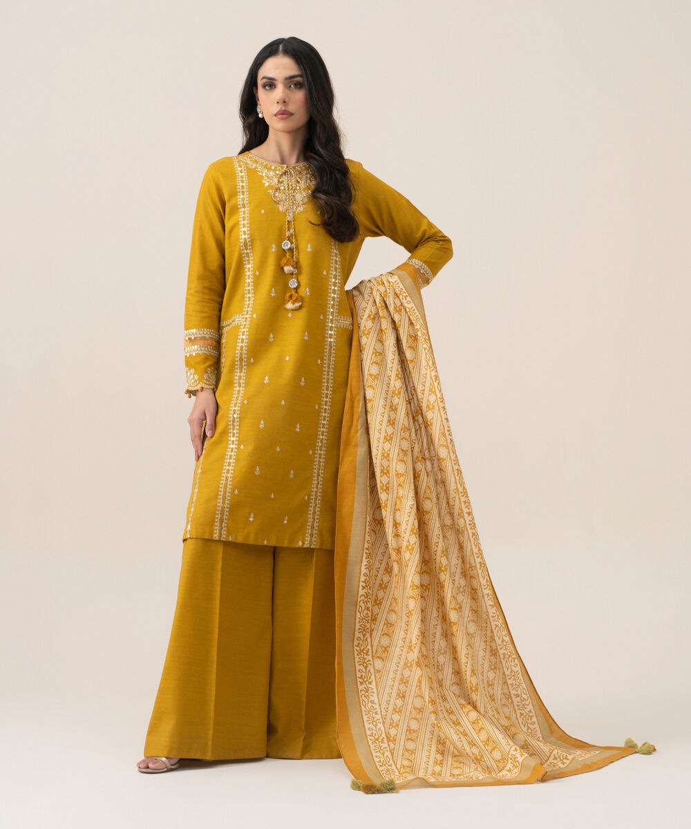 Women's Unstitched Lawn Embroidered Yellow 3 Piece Suit
