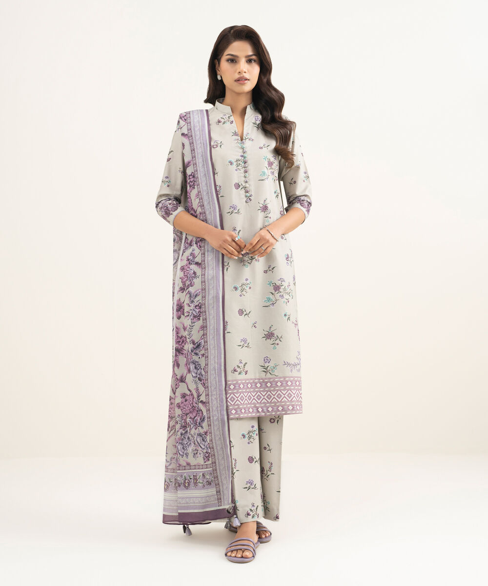 Women's Unstitched Zari Lawn Printed Purple 3 Piece Suit