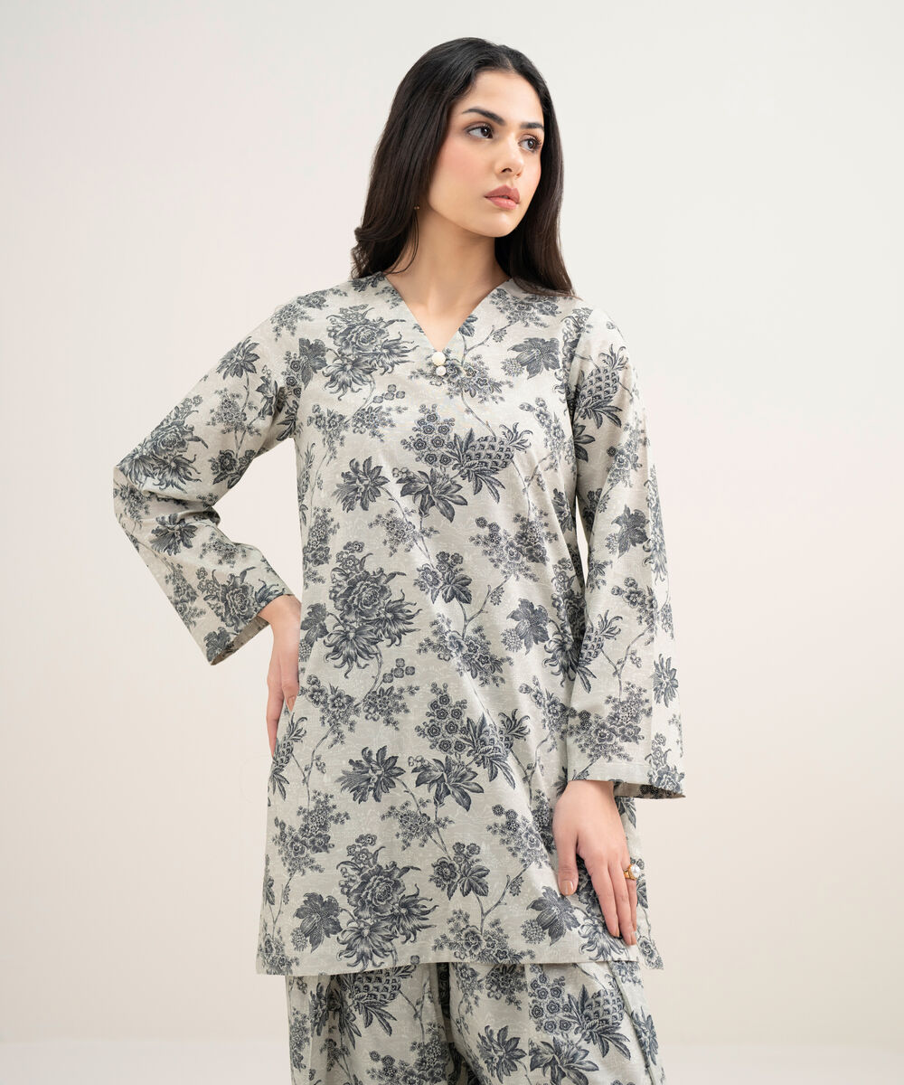 Women's RTW Cambric Printed Grey Straight Shirt