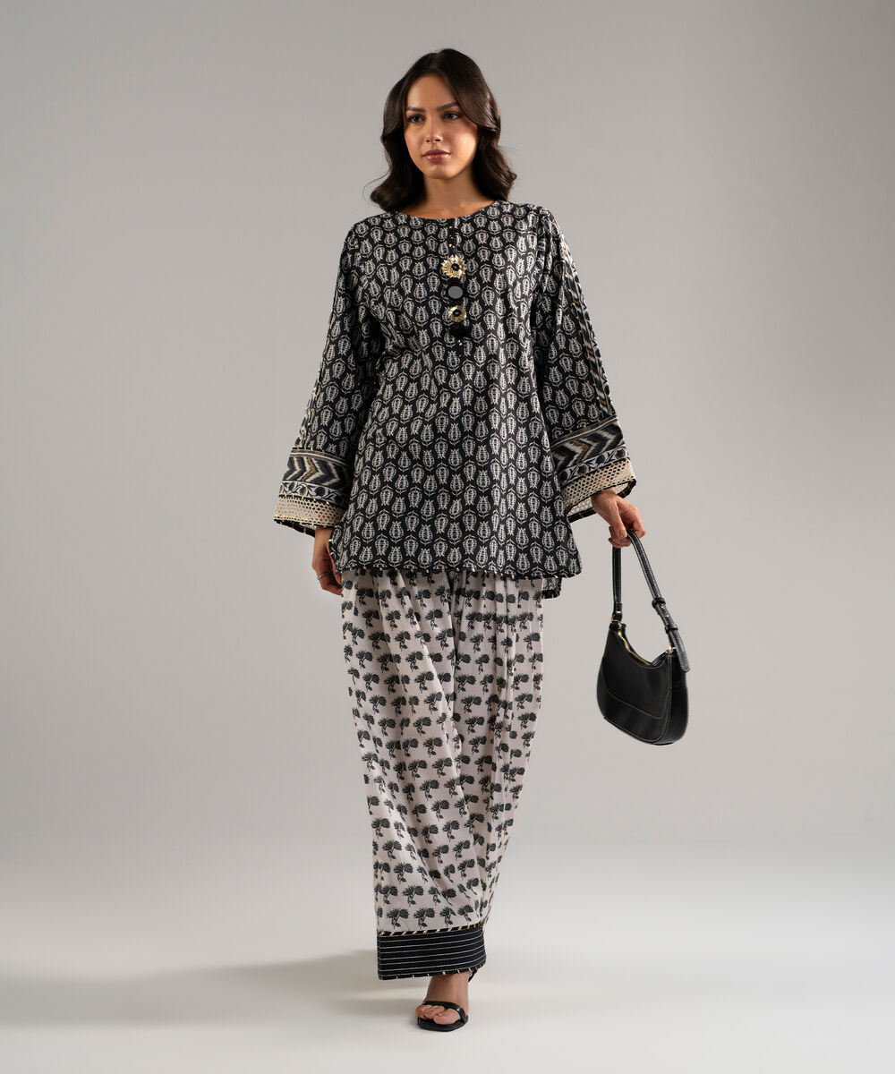 Women's RTW Dobby Printed Black 2 Piece Suit