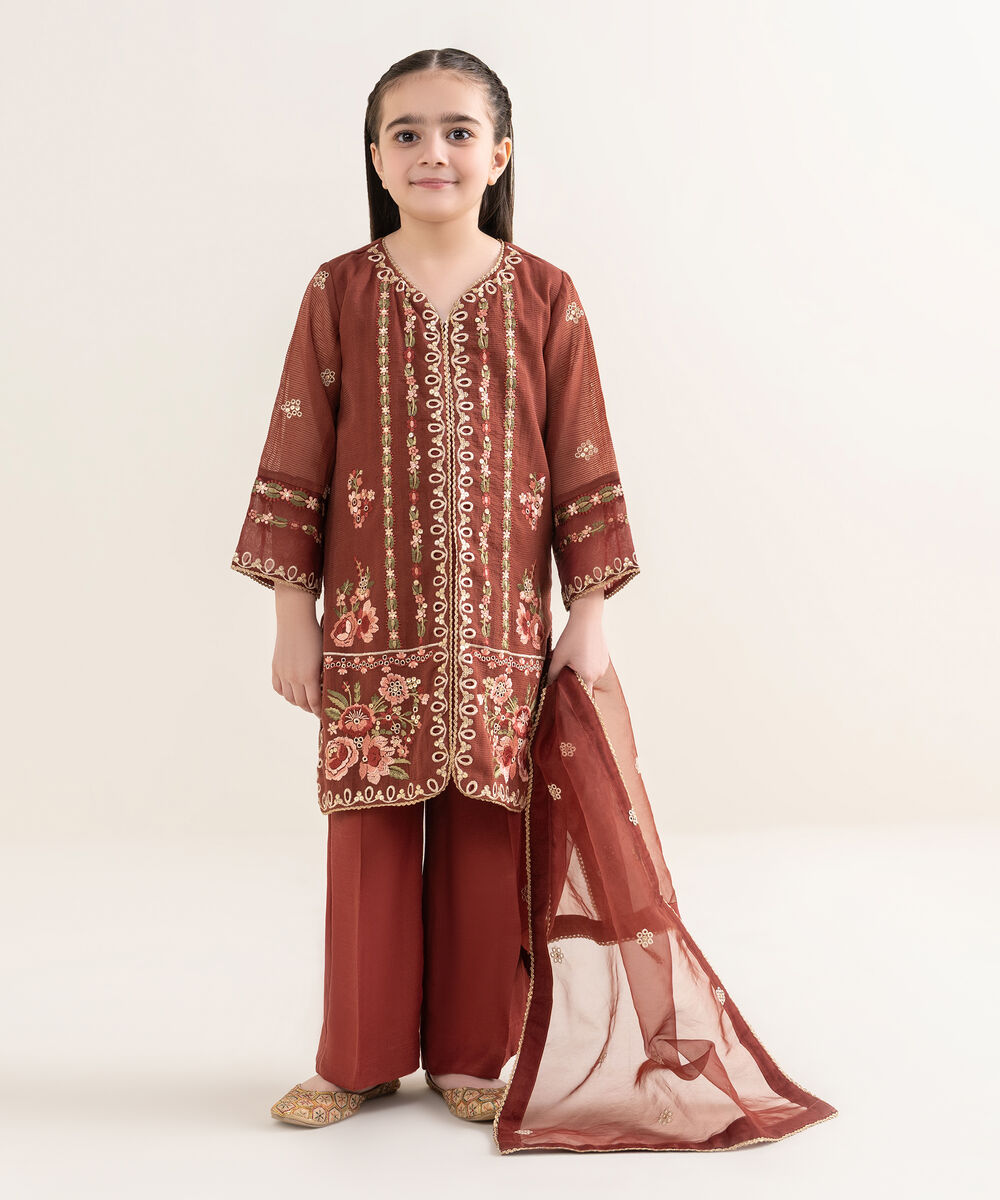 Girl's Blended Textured Karandi Brown Embroidered 3 Piece Suit