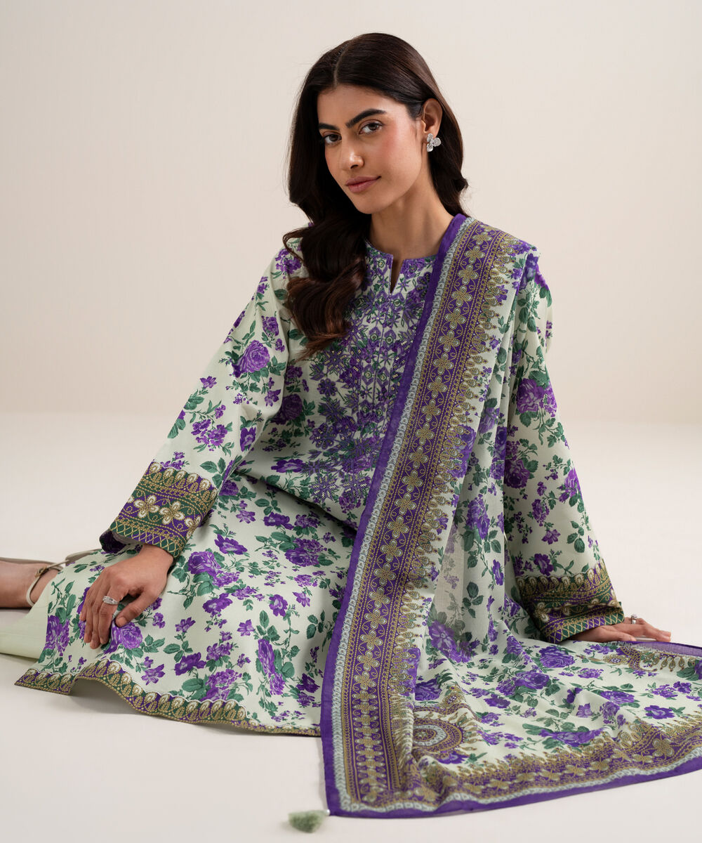 Women's Unstitched Lawn Embroidered Off White and Purple 3 Piece Suit