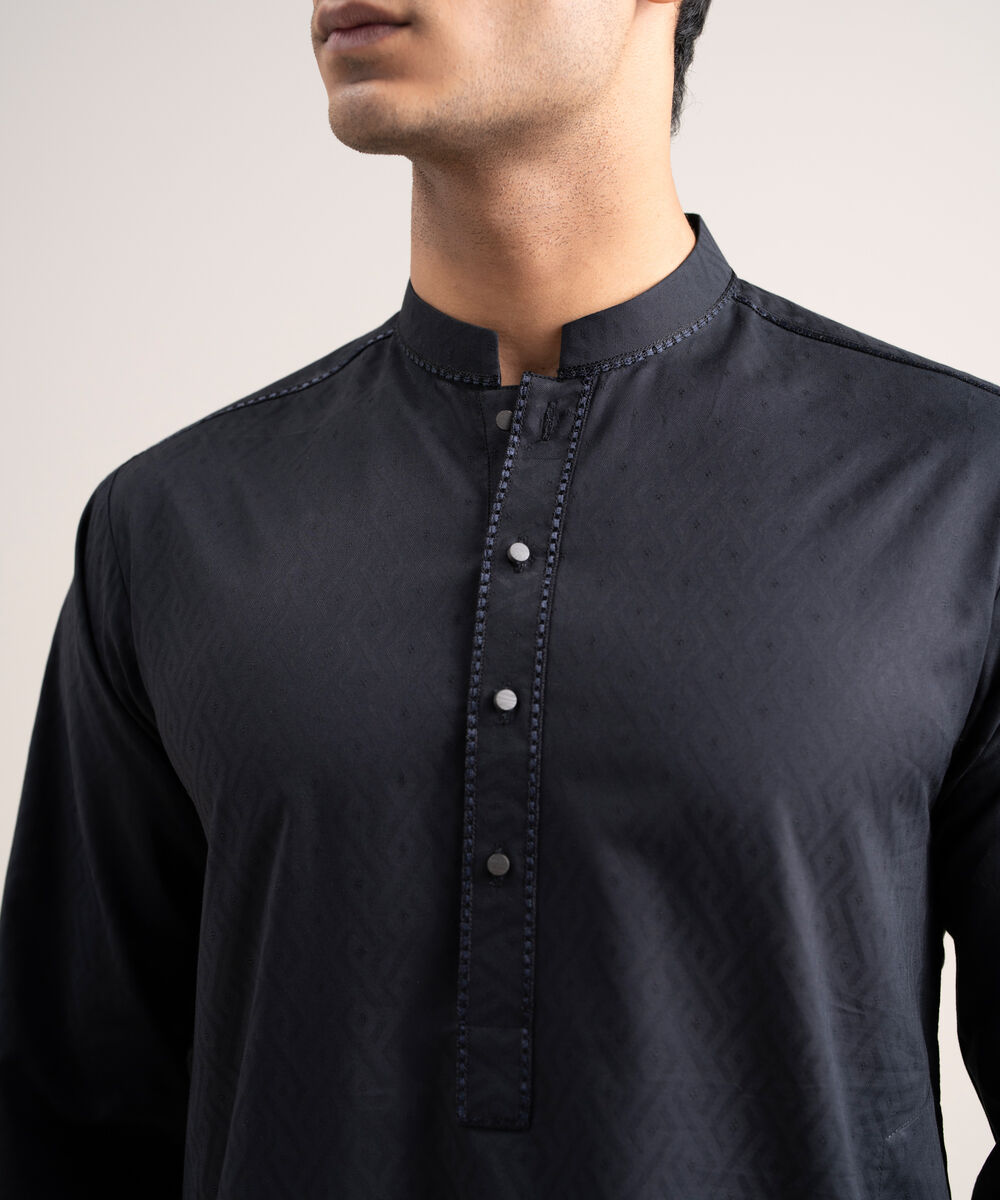Men's Stitched Cotton Jacquard Black Kurta