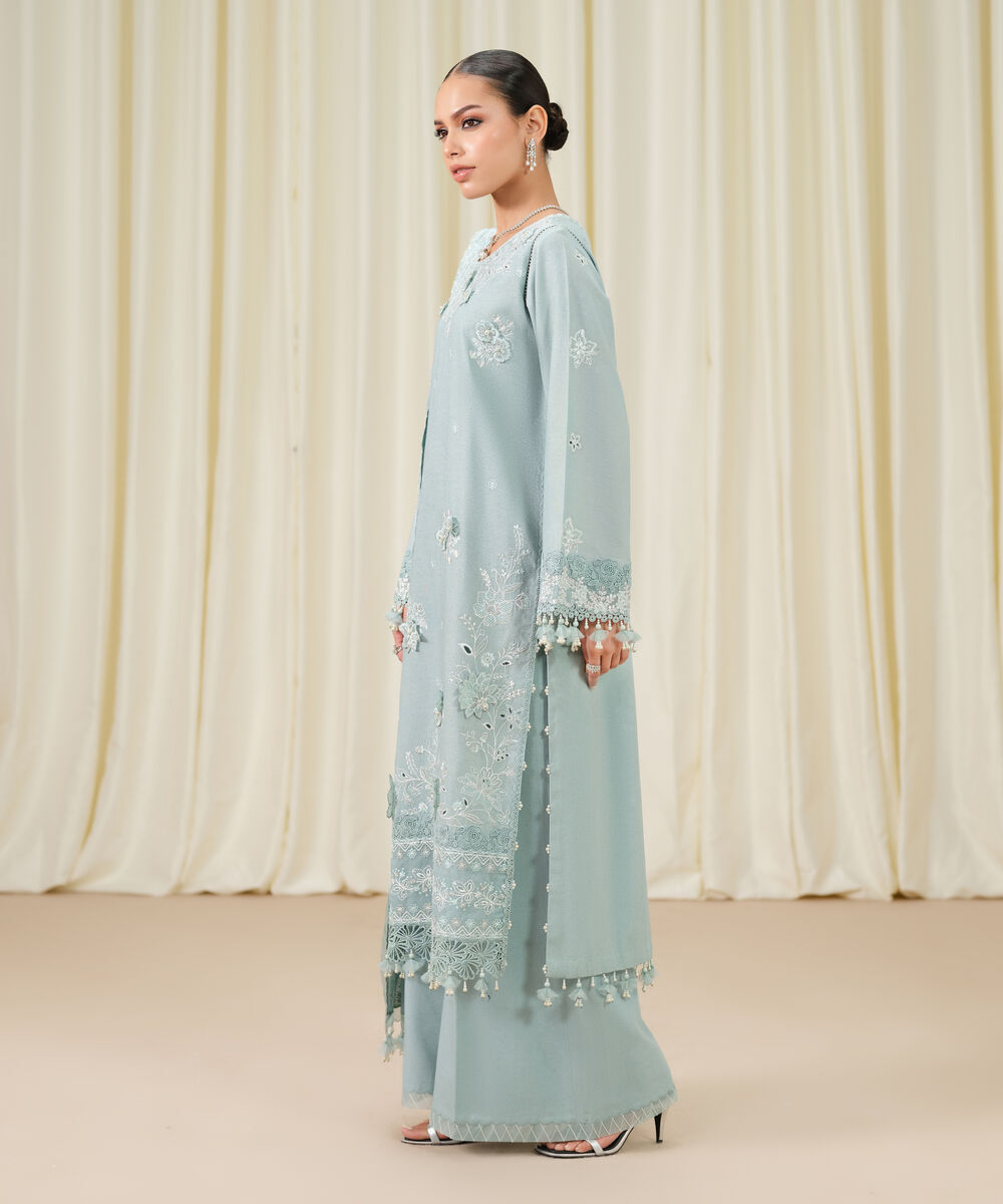 Women's Unstitched Embroidered Cotton Karandi Aqua 3 Piece Suit