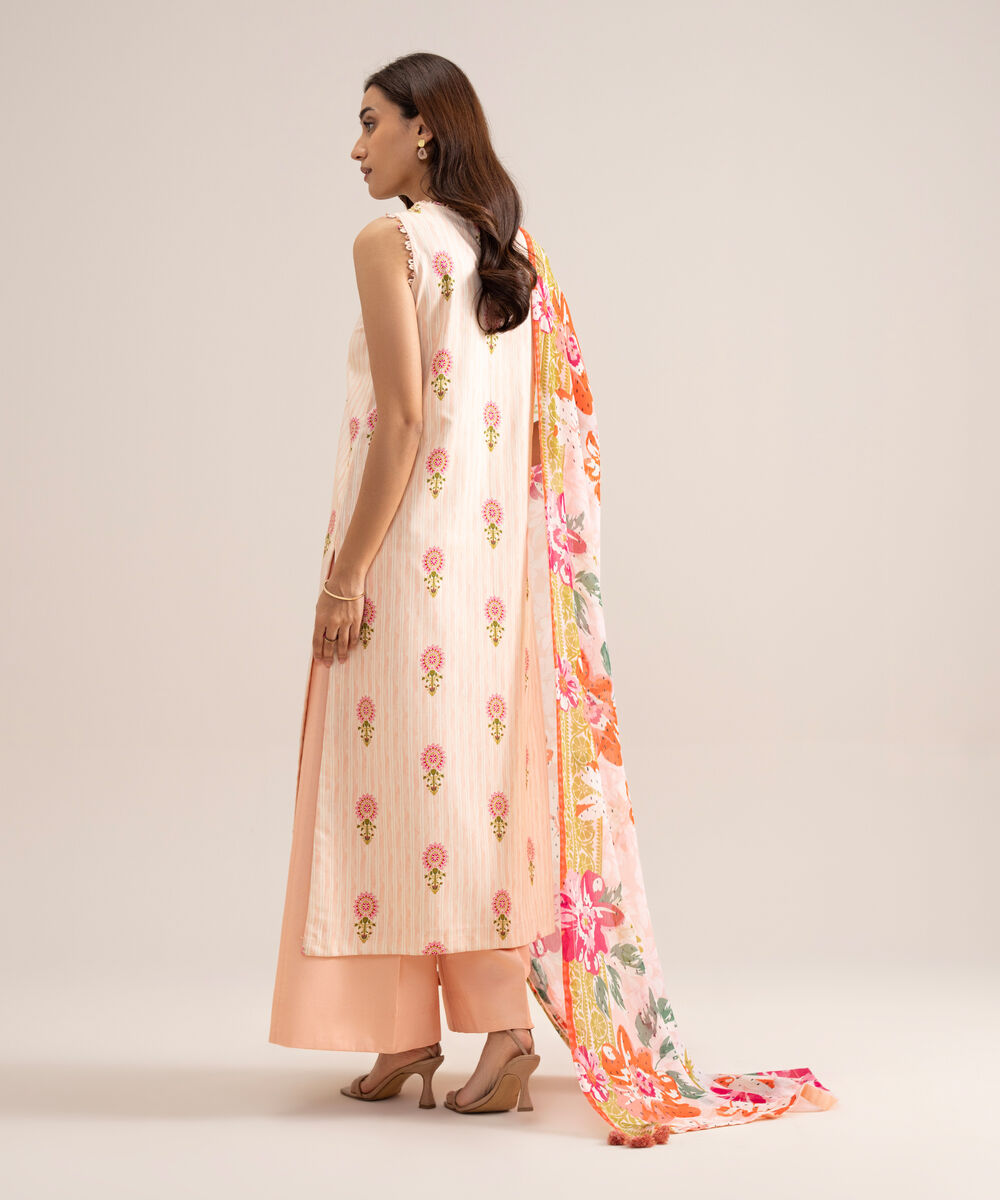Women's Unstitched Arabic Lawn Embroidered Light Peach & White  3 Piece Suit