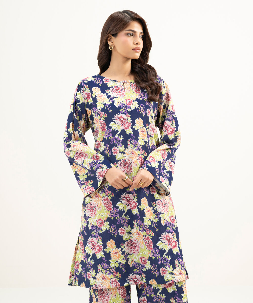 Women's RTW Seersucker Printed Purple Straight Shirt