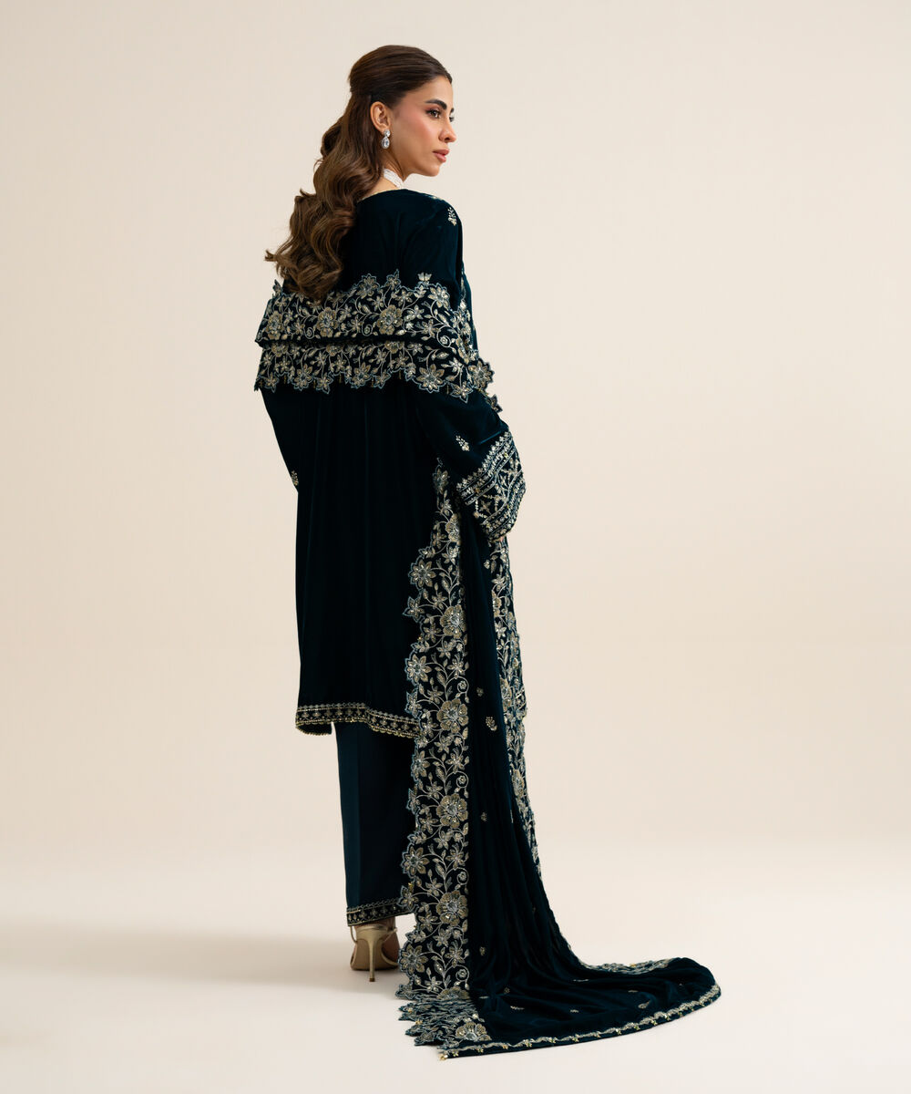 Women's Unstitched Velvet Embroidered Dark Blue 3 Piece Suit