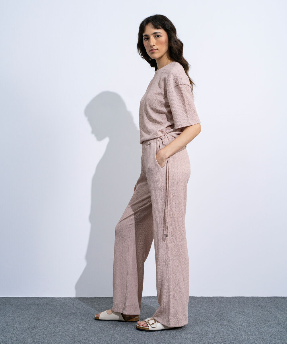 Women's Peach Pull-On  Textured Trousers With Tie Detail