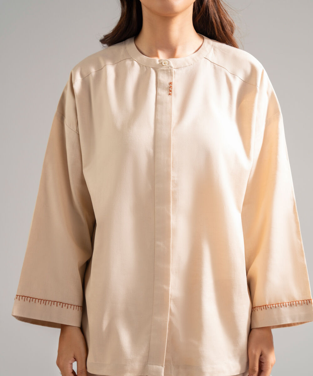 Women's RTW Cotton Linen Solid Beige 2 Piece Suit