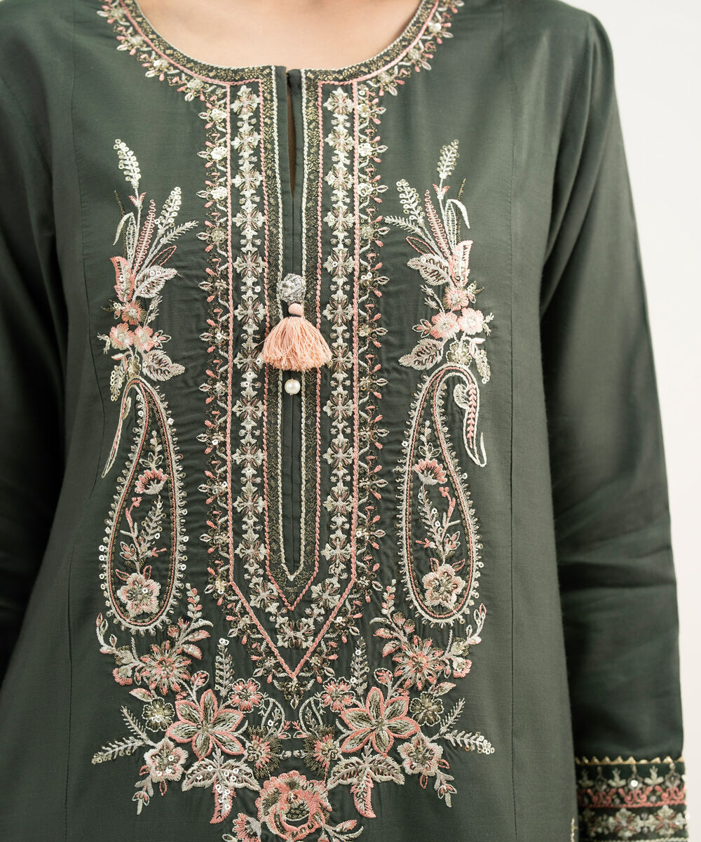 Women's RTW Viscose Raw Silk Embroidered Dark Green 3 Piece Suit