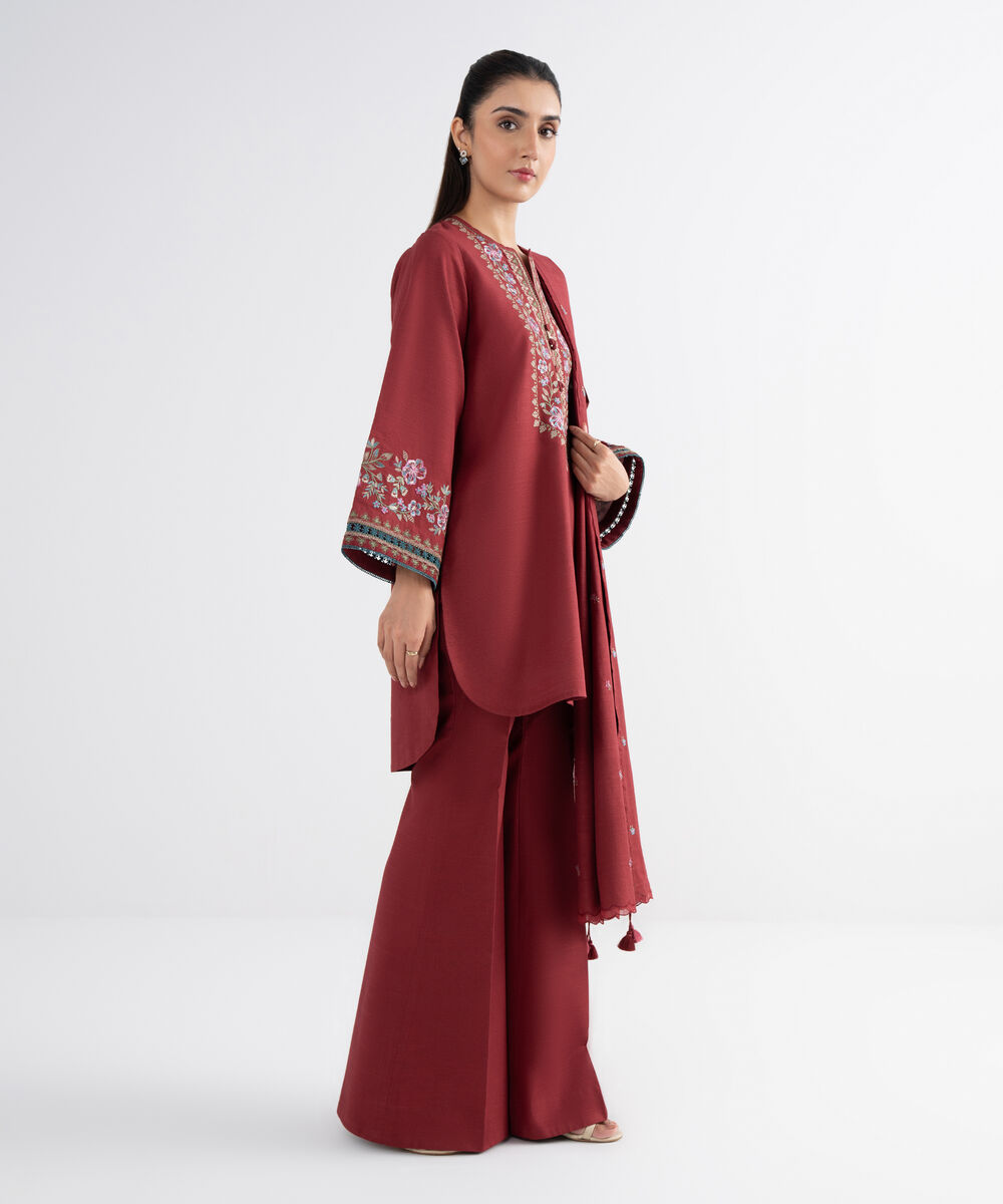Women's Unstitched Cotton Embroidered Red 3 Piece Suit
