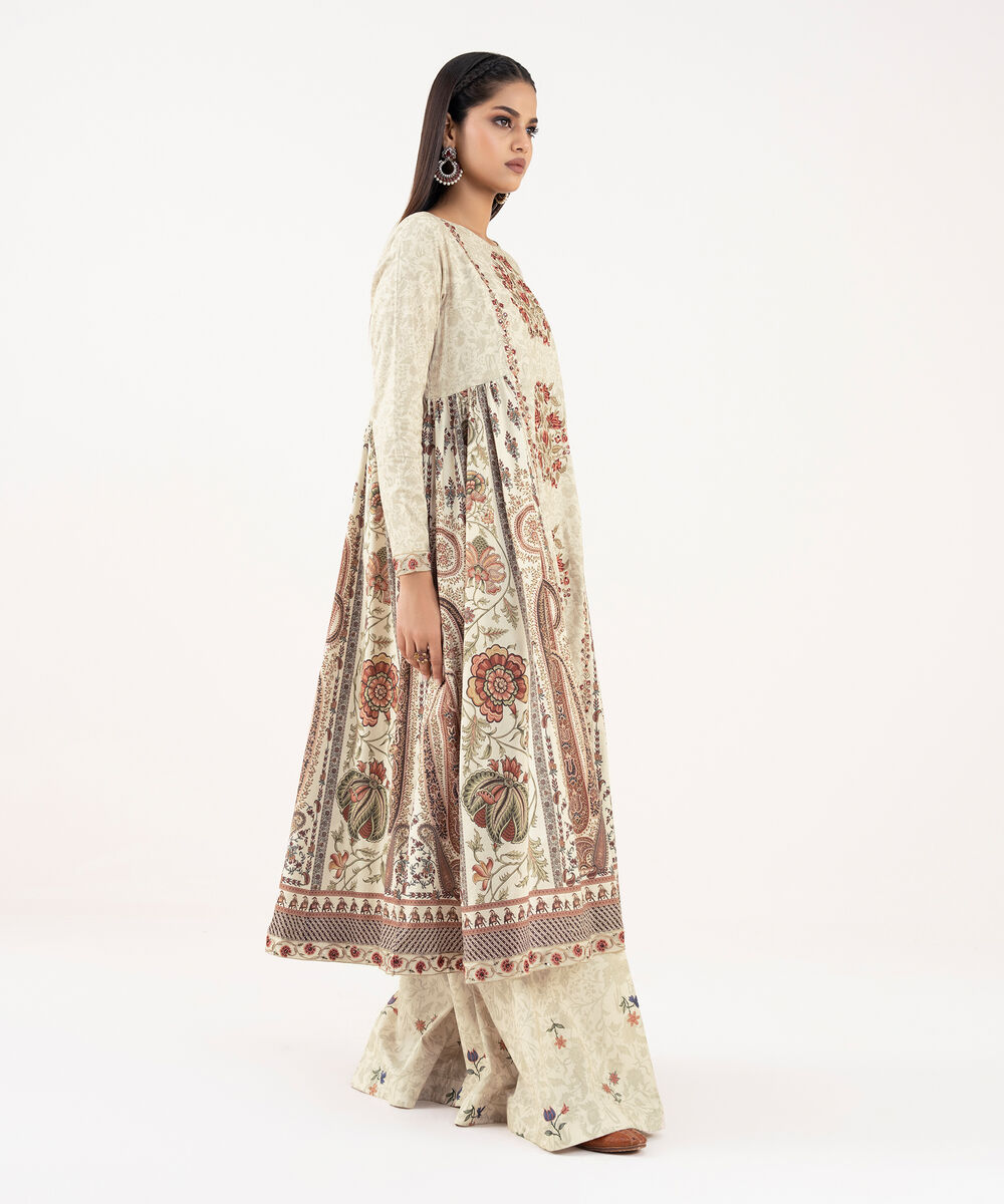 Women's RTW Lawn Viscose Beige Embroidered Pishwas